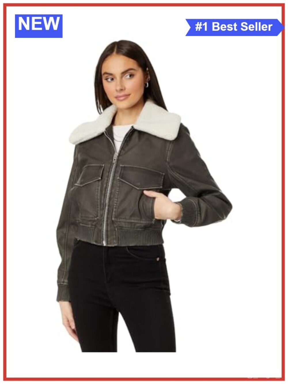 Faux Leather Bomber Jacket with Sherpa Collar